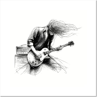 Rock Guitarist Silhouette Graphic Tee | Windblown Rock Star Guitar Legend Posters and Art